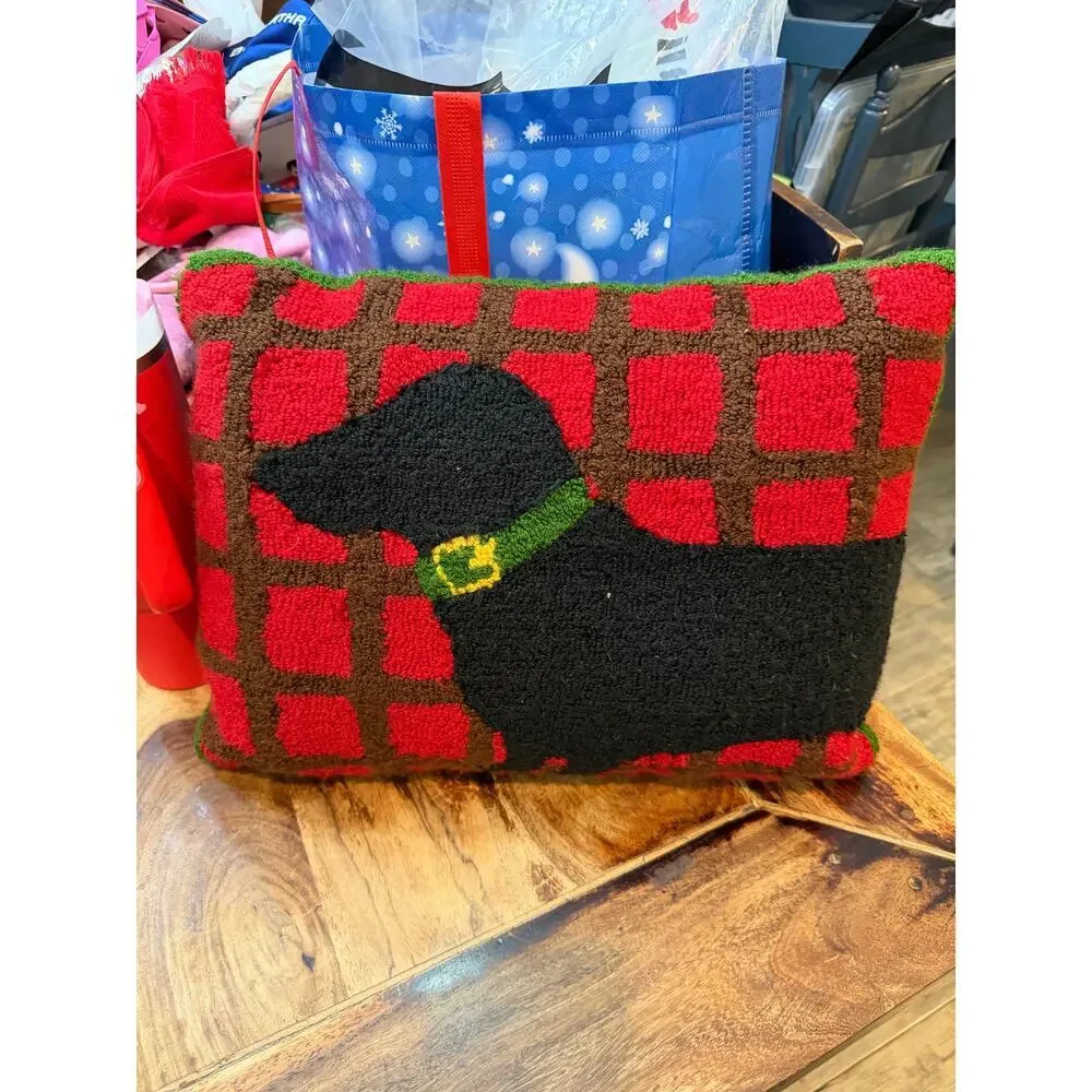 Dachshund Dog Hook Wool Black Red Stripe Christmas Holiday Throw Pillow